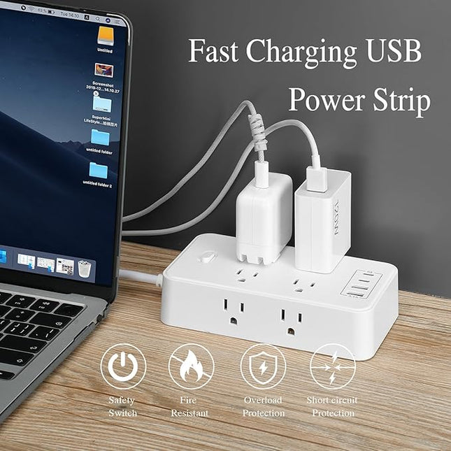 10FT Power Strip Extension Cord Surge Protector with 8 Outlets and 2 USB & 2 USB-C Port(5V 3.1A),Bold Extension Cord with Fuse Surge Protected Power Strip for Home Office (White)