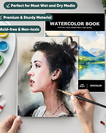 Soucolor Watercolor Paper Pad, 9"x12" Water Color Paper, 140lb/300gsm 40 Sheets Artist Painting Drawing Paper Book, Art Supplies for Adults, Watercolor Paint Set, Sketchbook, Journal, Notebook