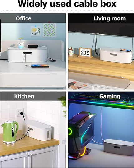 Cable Management Box - Large Cord Organizer Box to Hide Power Strip & Under Desk, TV Computer Wires Cable Organizer Box with Baby Proofs, Desk Cord Organizer for Home/Office - White