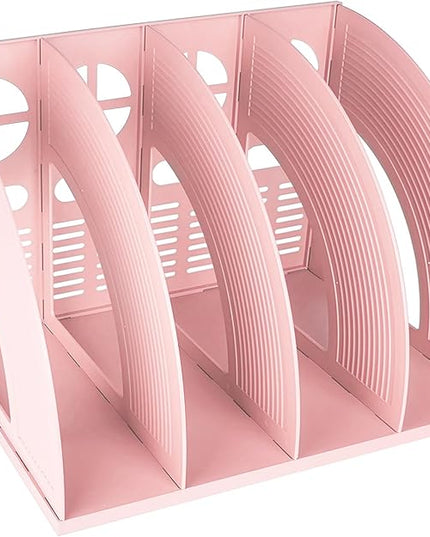 SAYEEC Sturdy Magazine Holder 4 Compartments Plastic Desktop File Organizer File Dividers Office Organizer Storage Document Magaizne Rack Display Box (Pink)