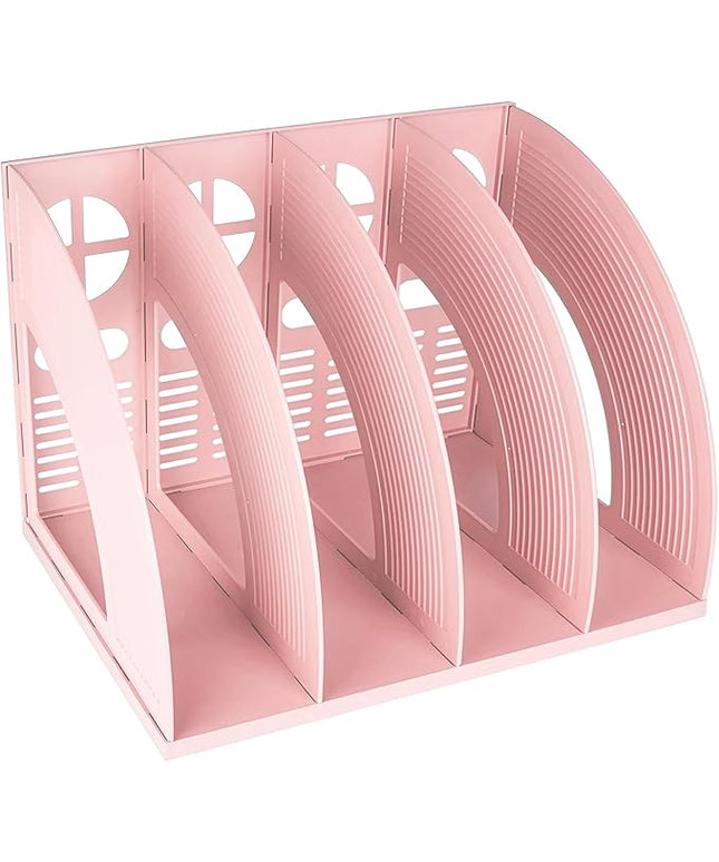 SAYEEC Sturdy Magazine Holder 4 Compartments Plastic Desktop File Organizer File Dividers Office Organizer Storage Document Magaizne Rack Display Box (Pink)