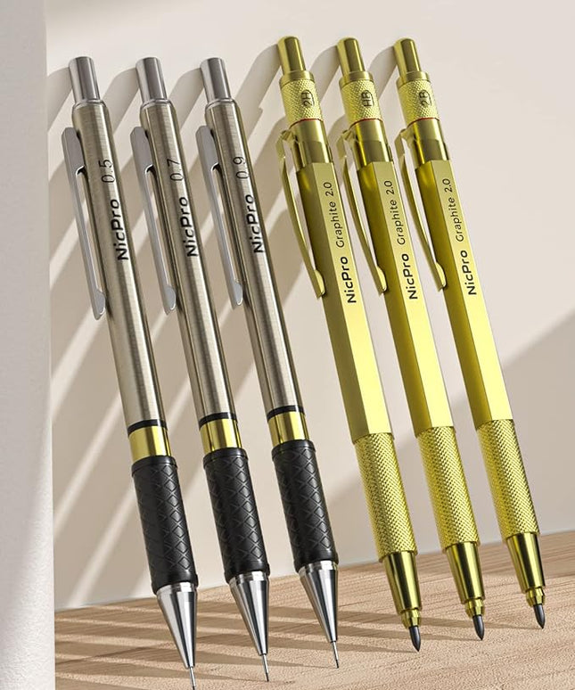 Nicpro 30PCS Art Mechanical Pencils Set in Leather Case, Gold Metal Drafting Pencil 0.5, 0.7, 0.9 mm, 2mm Lead Pencil Holder for Sketching Drawing With 16 Tube (6b 4B 2B HB 2H 4H Colors) Lead Refill