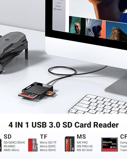 UGREEN SD Card Reader USB 3.0 Card Hub Adapter 5Gbps Read 4 Cards Simultaneously CF, CFI, TF, SDXC, SDHC, SD, MMC, Micro SDXC, Micro SD, Micro SDHC, MS, UHS-I (Black)