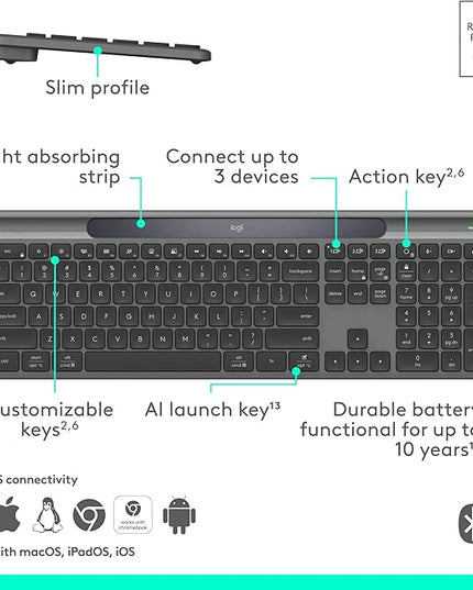 Logitech Signature Slim Solar+ Wireless Bluetooth Keyboard K980, Solar and Artificial Light Powered, Up to 10 Years Battery Life, Customizable Keys - Graphite