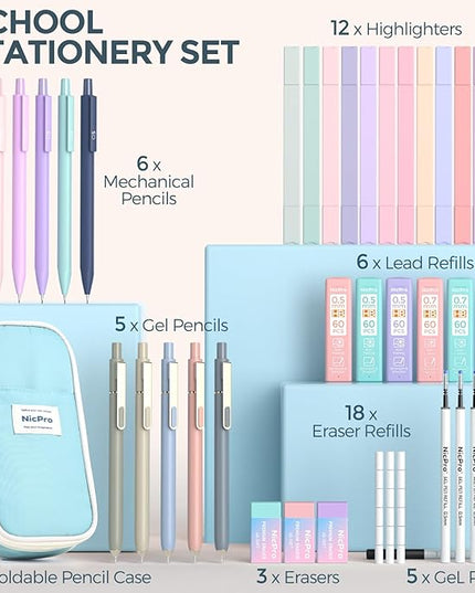Nicpro 39 PCS Aesthetic School Supplies with Cute Pen Case, 12 Pastel Highlighters, 5 Black Ink Gel Pens, 6 Mechanical Pencils Set 0.5 & 0.7mm for Students Stationary College Essentials (Blue)