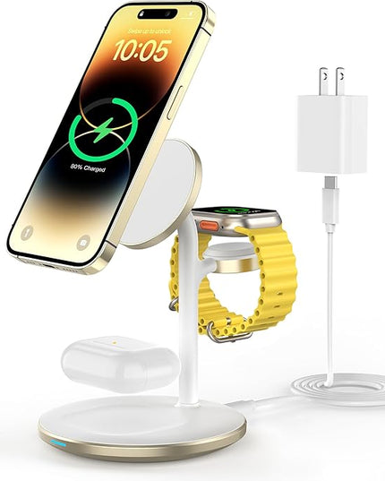 XooFly 3 in 1 Wireless Charging Station for Apple Devices, Fast Wireless Mag-Safe Charger Stand with 20W Adapter for iPhone 17/16 15 14 13 12 Pro Max/Pro/Plus/Air/Mini, iWatch, AirPods (Gold)