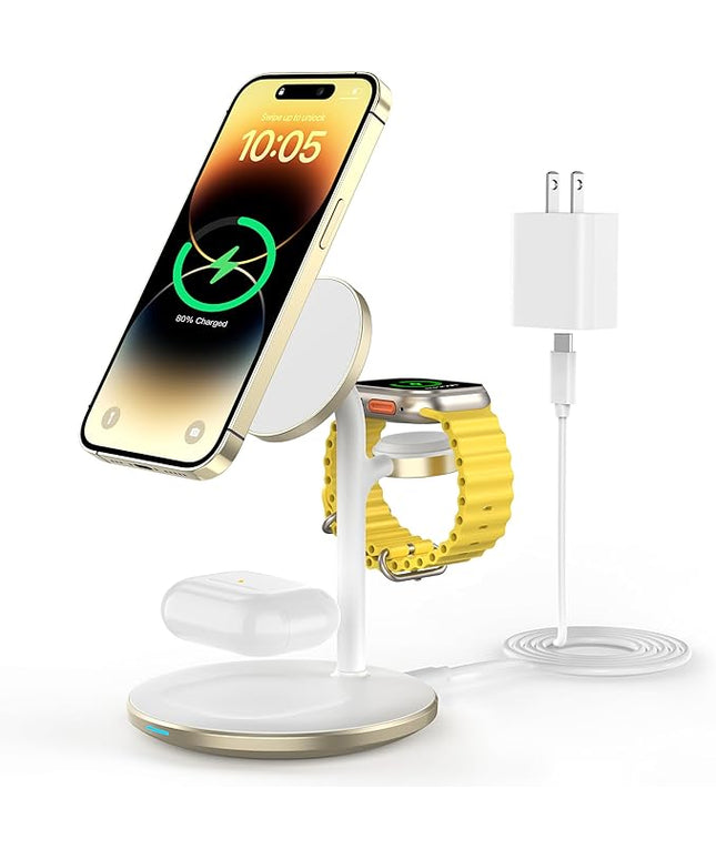 XooFly 3 in 1 Wireless Charging Station for Apple Devices, Fast Wireless Mag-Safe Charger Stand with 20W Adapter for iPhone 17/16 15 14 13 12 Pro Max/Pro/Plus/Air/Mini, iWatch, AirPods (Gold)