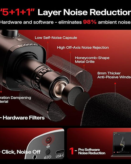 MAONO PD100WS Wireless Gaming Microphone for PC, Dynamic Streaming USB Mic with 3 Level Noise Cancelling,RGB,Mute Button, Software EQ,Computer Boom Mic for Podcast, Vocal Recording, Black
