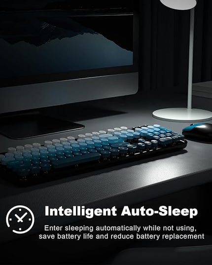 MOFII Wireless Keyboard and Mouse Combo, Full Size 2.4G Plug and Play Typewriter Retro Round Computer Keyboard and Mouse Set for Windows, Computer, Desktop, PC, Notebook - (Black Blue Gradient)