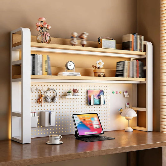 2/3/4 Tier Desktop Bookshelf with Pegboard and Storage Parts, Metal Desktop Organizer Hutch, Desk Shelves for Top of Desk, Shelf Organizer Display Rack for Dorm Home(White+Wood,3-tier L45.2in)