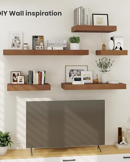Heimlove 12 Inch Deep Floating Shelves, 16 x 12 inches Long Wall Shelf, Large Extra Display Shelf & Storage Shelf, Rustic Wood Wall Shelves for Fireplace Mantel, Walnut - 2Pack