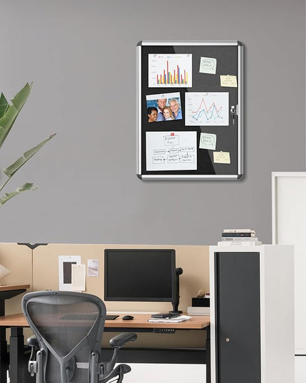Mifuro 26"x20" Enclosed Bulletin Board, Lockable Weather-Resistant Aluminum Cork Noticeboard for School & Office, Silver Frame w/Black Flet