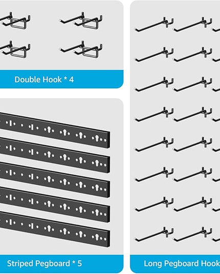 CCCEI 5 Modular Pegboard Strip Storage, Metal Peg Slat Wall Mount for Garage, Basement, Garden, Laundry Room Organization. Flexible Tool Organizer for Rake, Shovels, Crafting. Gifts for Men, Red.