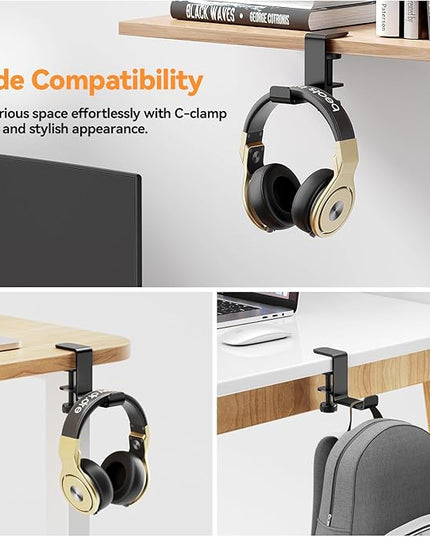 Yocice Headphone Hanger Holder Stand-Under Desk Headphone Hanger， Headset Hook Holder Space-Saving Aluminum Stand with Universal Fit for Gaming PC Accessories (Black-1PCS)