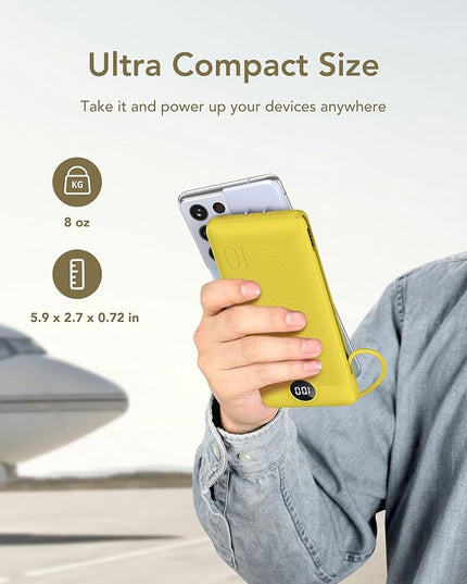 VEGER Portable Charger with Built-in AC Plug and Cables, All in One 10000mAh Ultra Slim Power Bank Travel Essentials, 15W Fast Charging Battery Pack Compatible with iPhone, Samsung, Android (Yellow)
