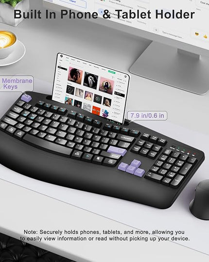 Wireless Keyboard and Mouse Combo, 2.4G Full Size Wave Keys Ergonomic Keyboard with Wrist Rest, Phone Holder, 3-Level DPI Wireless Silent Mouse with 6-Buttons, for Windows, Mac OS (Purple Black)