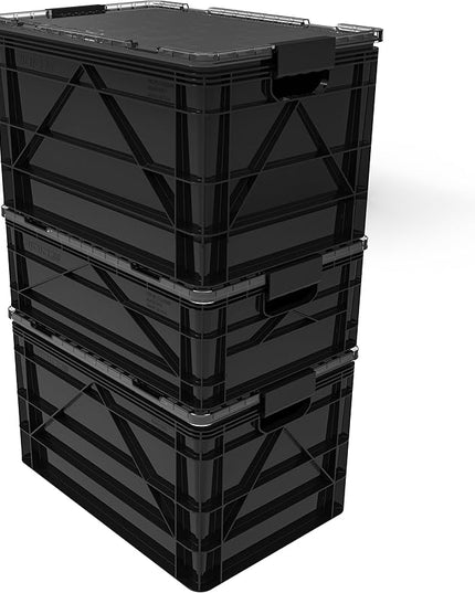 SIDIO Crate Pro Pack - 2 Full-Size & 1 Half-Size Heavy Duty Stackable Storage Bins, Totes and Containers with Lids and Dividers - Durable Plastic Organizer for Home, Office, Garage, and Outdoor Use