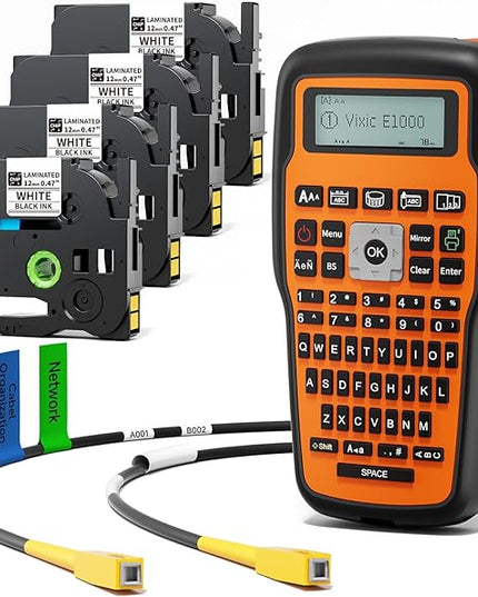 Vixic Industrial Label Maker, Cable Wire Label Maker Waterproof-Labels Bundle 4 Laminated-Tapes for Electricians Network Office Labeling, E1000 Heat Shrink Tube Labeler Machine Handheld & Portable