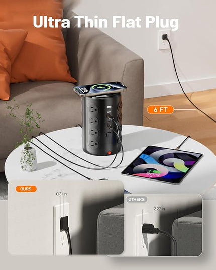 Power Strip Tower Surge Protector, TenTrend 16 Outlets and 5 USB Ports (2 USB-C), 2000 Joules Charging Station, 6FT Flat Plug Extension Cord for Home Office Dorm Room Essentials, Black