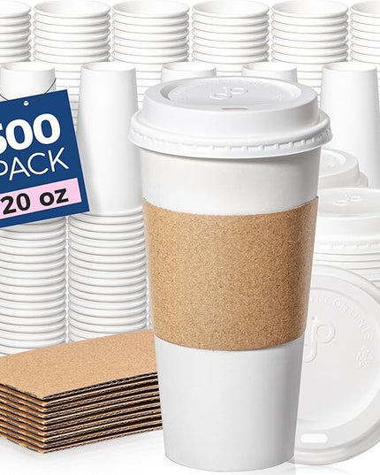 Fit Meal Prep 500 Pack 20 oz Disposable Coffee Cups with Lids, Sleeves, Leak-Proof To Go Coffee Cups with Lids, Durable Hot Paper Cups for Home, Office, Party, Business