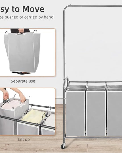 STORAGE MANIAC 136L Laundry Sorter with Hanging Bar, Portable, Removable Laundry Hamper Cart with Heavy Duty Rolling Lockable Wheels and Removable Bags, Rolling Laundry Basket Organizer, 3 Section