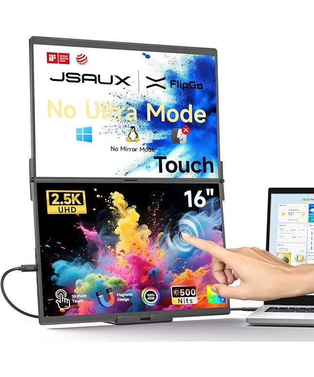 JSAUX FlipGo Touchscreen 16" Dual Portable Monitor, 2.5K Triple Laptop Touch IPS Screen Foldable Extender for Laptop[for Windows/Linux] One Cable to Dual/Magnetic Design/Built-in HUB/HiDPI Display