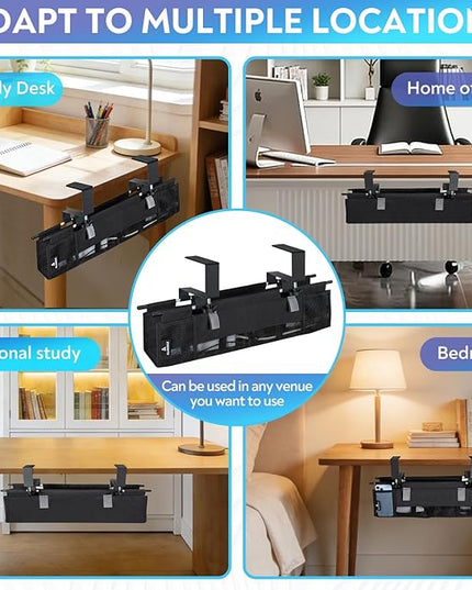 Under Desk Cable Organizer with Mesh Slot for Ventilation, Quick Mount with Clamp or Screws to Hold Fabric Cable Tray, Kit for Tidy Cord & Wire Management for Home Office Standing Desk