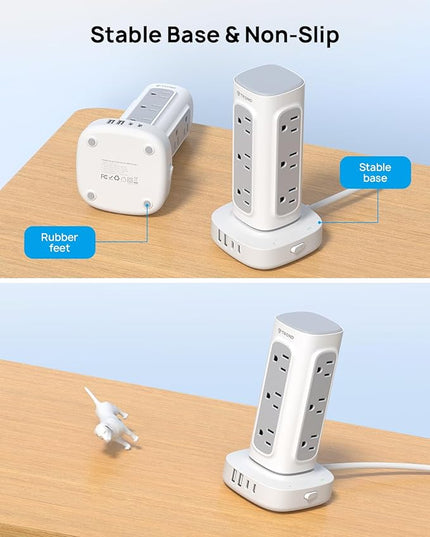TROND Surge Protector Power Strip Tower - 15ft Flat Plug Extension Cord with Multiple Outlets, 4 USB Ports, Vertical Charging Station, 1700 J, Home Office Desk Supplies, Dorm Room Essentials, White