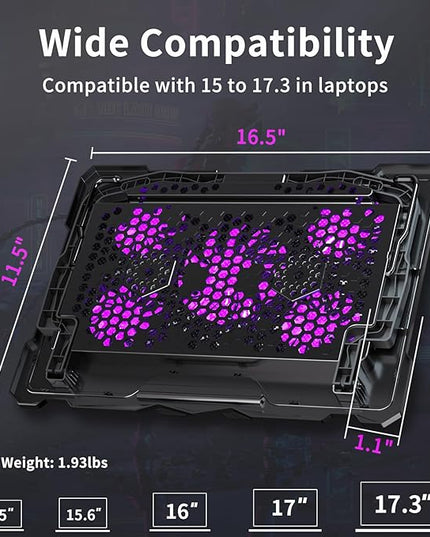 AICHESON Laptop Cooling Pad for 15.6 to 17.3 Inches PC Notebooks, 5 Fans Computer Cooler Stands with Purple Lights Desk Chiller Mat, S035