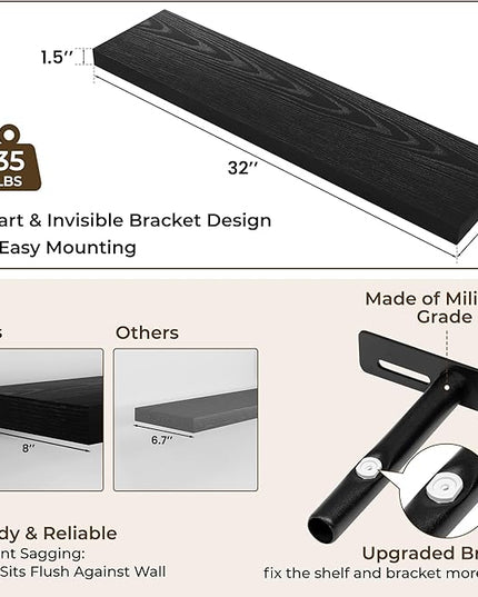 RICHFOCUS 31.5Inch Floating Shelves for Wall 2 Pack Shelves for Bedroom|Kitchen|Bathroom Wall Mounted Rustic Wood Floating Shelf with Invisible Brackets for Books|Storage|Decor, Black