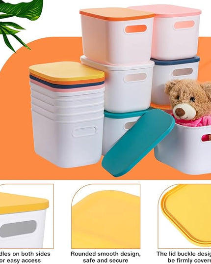 Thyle 12 Pack 7 Quarts Plastic Storage Bins for Christmas Storage with Lids Handles Colorful Stackable Desktop Box Bins with Label for Shelf Drawer,10 x 7 x 6 Inch (White)