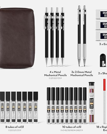 Nicpro 33PCS Black Metal Mechanical Pencil Set in Leather Case, Art Drafting Pencil 0.3, 0.5, 0.7, 0.9 mm, 2mm Lead Holders for Sketching Drawing With 18 Tube (6B 4B 2B HB 2H 4H Colors) Lead Refills