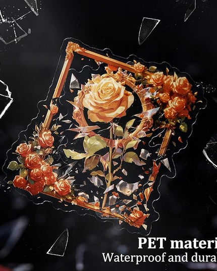 AuriicLeaf Broken Mirror Frame Stickers Set, 40PCS Gothic Rose PET Scrapbook Supplies for Journaling, DIY Crafts, and Planners