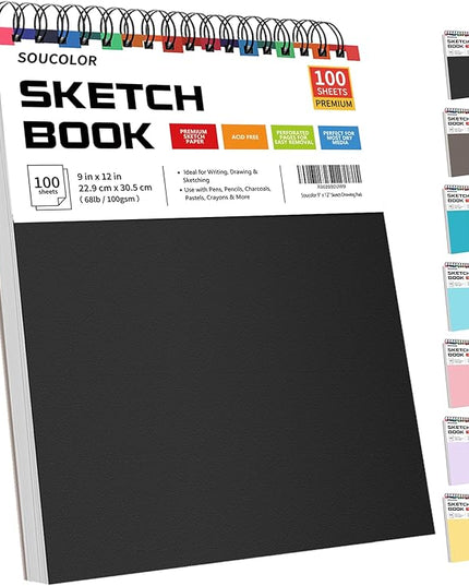 Soucolor 9" x 12" Sketch Book, 100 Sheets Top Spiral Bound Sketchbook with Acid-Free 68lb/100gsm Drawing Paper, Art Sketch Pad for Kids, Adults & Artist, Professional Art Supplies for Beginners