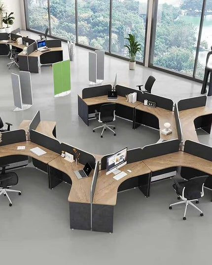 3 Person Office Cubicle Desk Workstation with Drawers & Built-in Power Outlets, Adjustable Wall Partitions, Layouts for Startups and Modern Workspaces,Black Fabric Panels