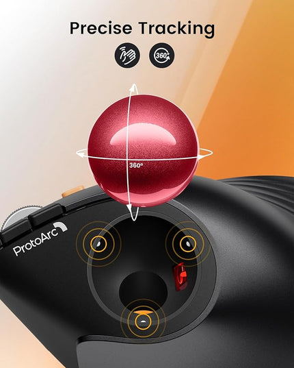 ProtoArc Vertical Wireless Trackball Mouse, EM05 NL Bluetooth Ergonomic Rollerball Mouse Rechargeable Computer Laptop Thumb Mice, 3 Device Connection, Compatible with iPad, Mac, Windows, PC-Red