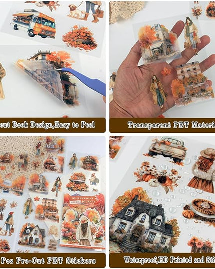 Dwpetzo Fall Landscape Pre-Cut Autumn Journal Sticker Book, Transparent PET Watercolor Scrapbook Stickers for Junk Journaling Supplies, Scrapbooking, Collage, Bujo, 20 Sheets
