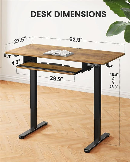 ErGear Large Electric Standing Desk with Keyboard Tray, 63x28 Inches Large Adjustable Height Sit Stand Up Desk, Home Office Desk Computer Workstation, Vintage Brown
