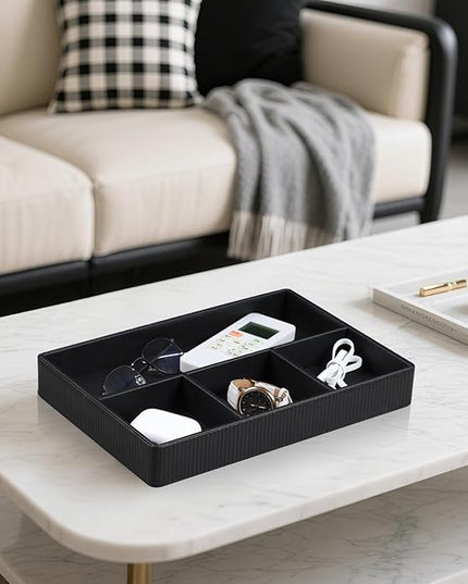 NICLNGSH PU Leather Valet Tray, Decorative Trinket Vanity Desk Drawer Organizer Tray, Perfume Dish Catch All Bowl for Keys, Nightstand Drawer Organizer Women Men with 4 Compartments (Black)