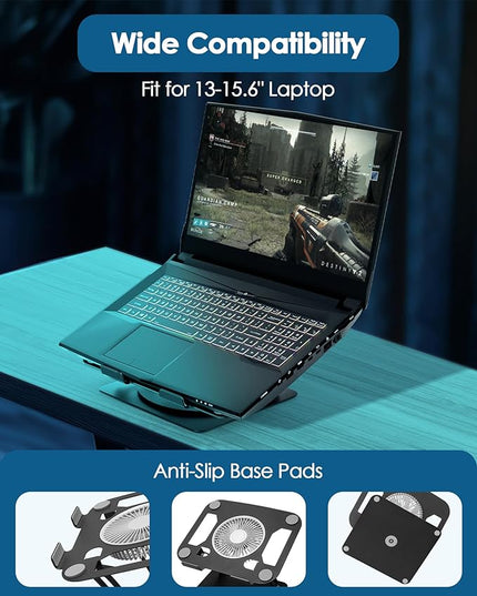 SHUWEI Laptop Cooling Stand with 3 Speed Fan, Adjustable Height & Angle, 360 Rotation Base, Carbon Steel Framework, Ultra-Quiet & Super Sturdy for up to 16”Laptop - Silver