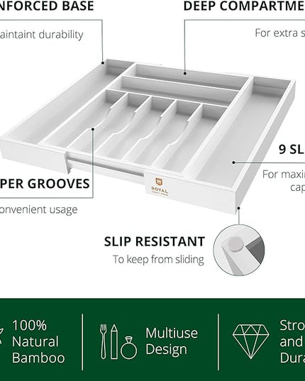ROYAL CRAFT WOOD Luxury Bamboo Kitchen Drawer Organizer - Silverware Organizer - Utensil Holder and Cutlery Tray with Grooved Drawer Dividers for Flatware and Kitchen Utensils (9 Slot, White)