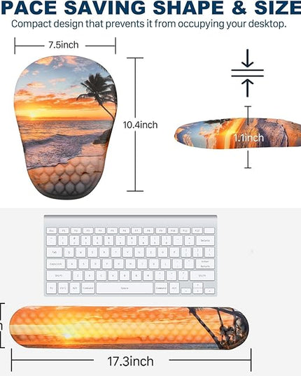 Ergonomic Mouse Pad and Keyboard Wrist Rest with Massage Design, Space-Saving Mouse Pad Wrist Support, Memory Foam Wrist Rest with Non-Slip PU Base for Computer Desk, Beach