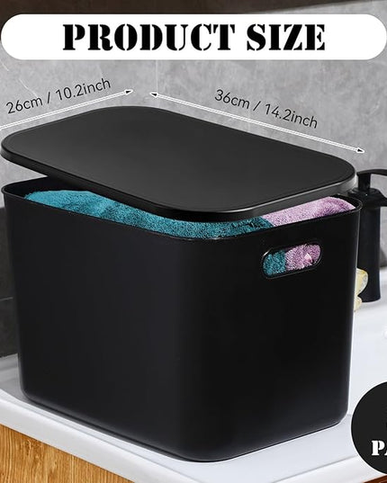 Hoolerry 8 Pieces Colorful Storage Bins with Lid, Plastic Storage Basket Organizing Container Stackable Box with Handle for Shelves Desktop Playroom Office(14.2 x 10.2 x 9.5 Inch,Black)