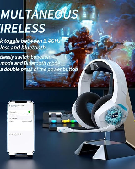 BINNUNE 2.4GHz Wireless Gaming Headset, Bluetooth 5.3 Gaming Headphones with Noise Canceling Mic, 120H Ultra-Long Battery, 50mm Drivers, Multi-Platform for PC / PS5 /PS4/ Switch/Mobile, White