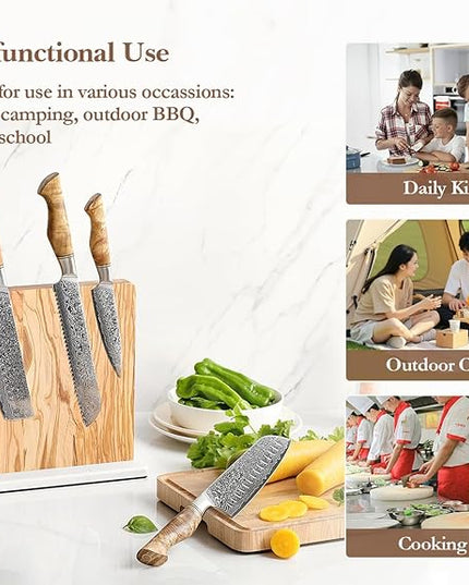 HEZHEN Double-sided Magnetic Knife Holder without Knives, Olive Wood Knife Block for Kitchen Counter, Space-saving Knife Storage, Strong Enhanced Magnets Strip, Non-slip Marble Base