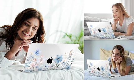 DONGKE for M4 MacBook Air 13.6 Inch Case 2025 2024 2023 2022 Model A3240 A3113 A2681 M3 M2 Chip, Plastic Hard Shell Case Cover with Touch ID for MacBook Air 13 Inch M4 - Blue Flowers