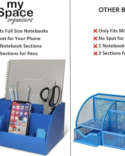 My Space Organizers Blue Desk Organizer, 9 Compartments, Office Supplies and Desk Accessories Organizer, Pen Holder Decor Desktop (Blue)