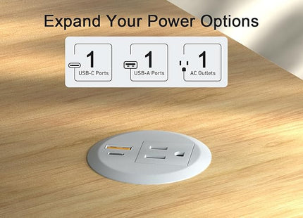 Desktop Power Grommet,2-inch Hole,10ft Cord,20W USB C Fast Charging Station,Round Recessed Outlet,2-USB Port,Flush Mount,Flat Plug,White