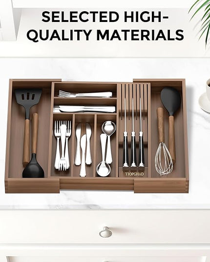 Bamboo-Silverware-Drawer-Organizer-Kitchen, Expandable Utensil Holder Cutlery Tray Flatware Organization Adjustable Wood Tableware Dividers Storage (with Removable Knife Block)(Brown)
