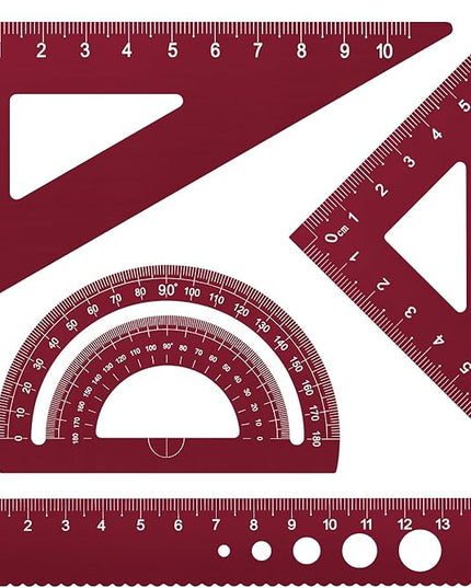 Honagu Triangular Ruler Set, 4 Pieces Aluminum Alloy Ruler, Metal Drafting Ruler, Geometric Protractor for Students, Draftsmen, Engineers, School Office Supplies (Rose Red)